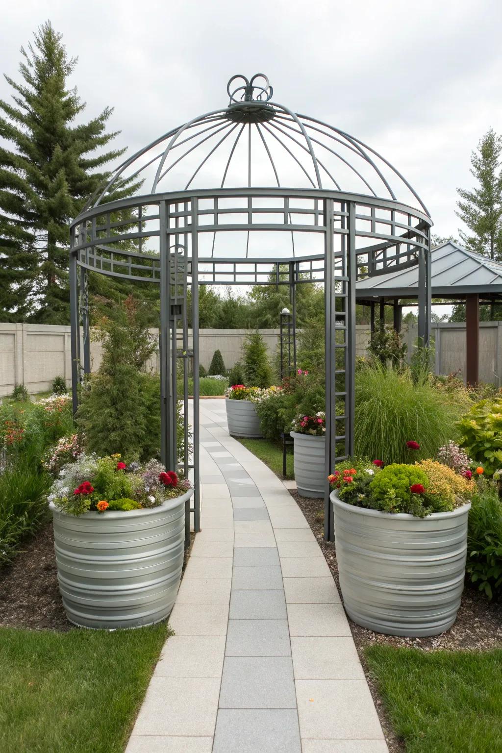Metal planters offer a modern edge while securing your gazebo.