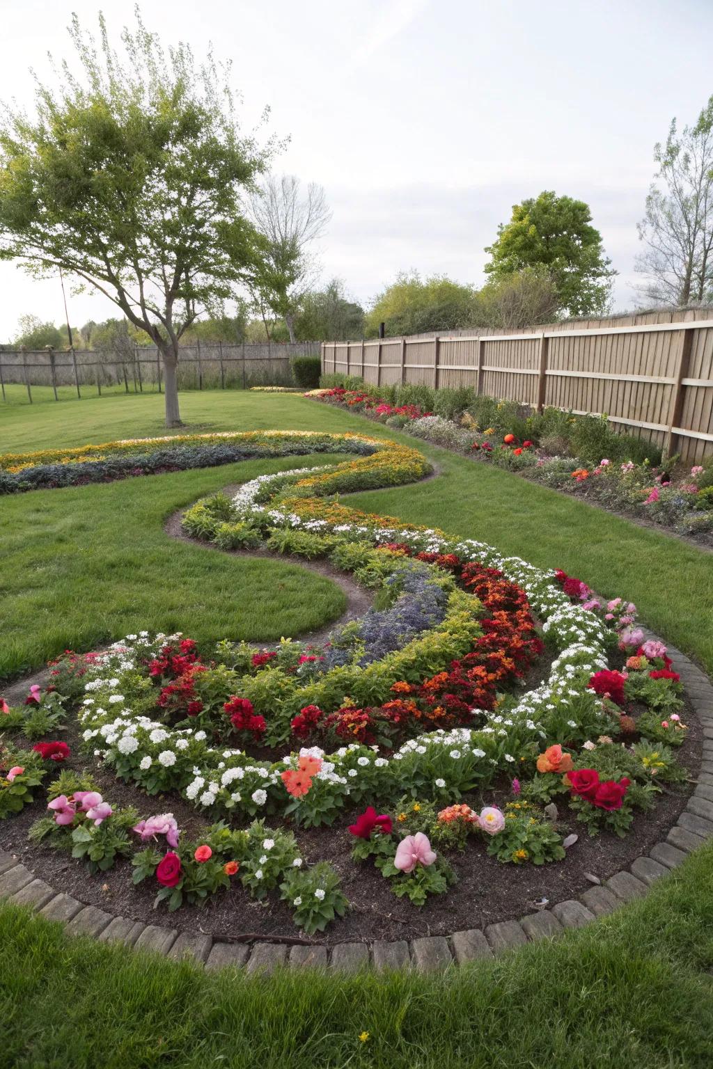 Intriguing geometric patterns created with spiral-planted cosmos.