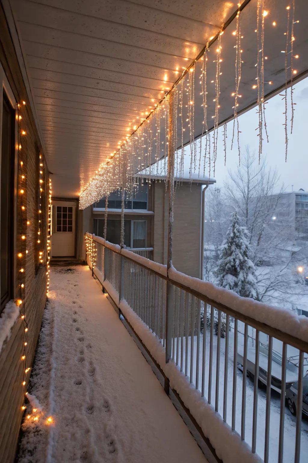 Icicle lights transform your balcony into a sparkling winter wonderland.