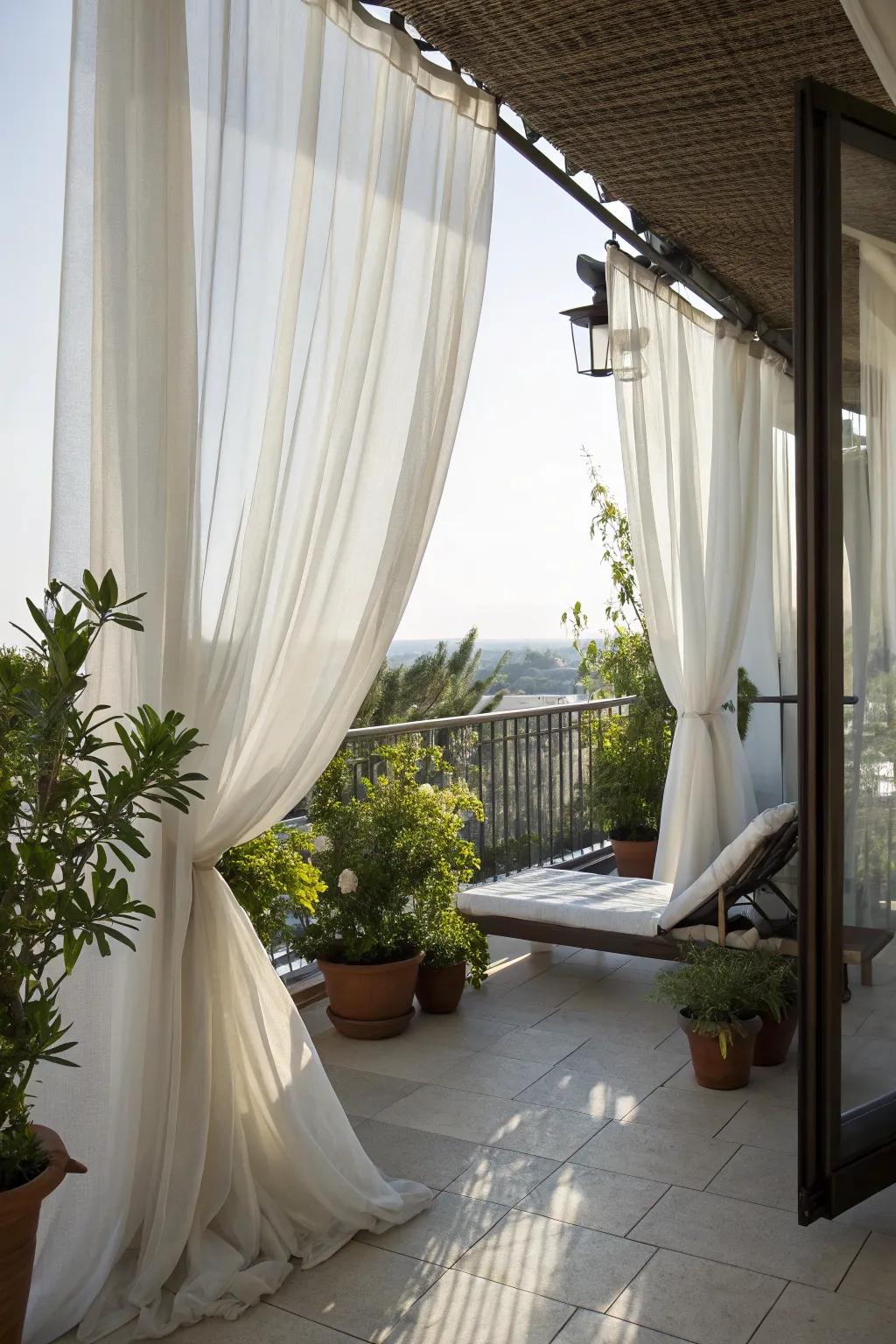 Outdoor drapes offer both style and sun protection for your balcony.