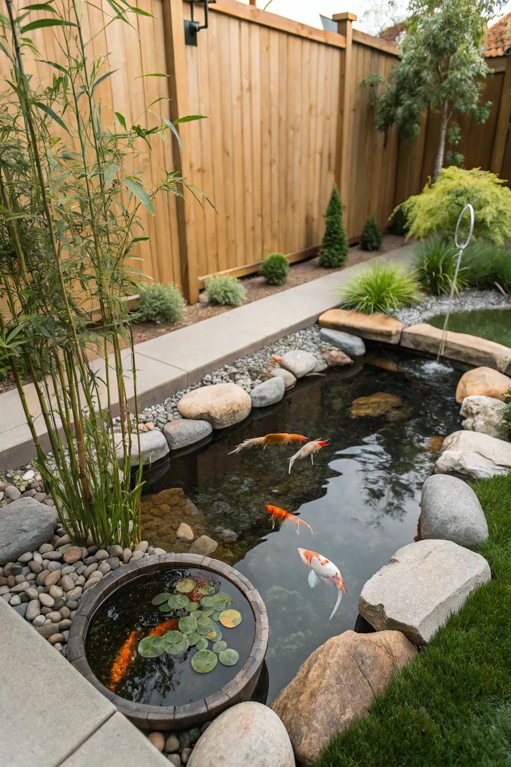 A calming miniature Zen garden pond in a cozy yard corner.