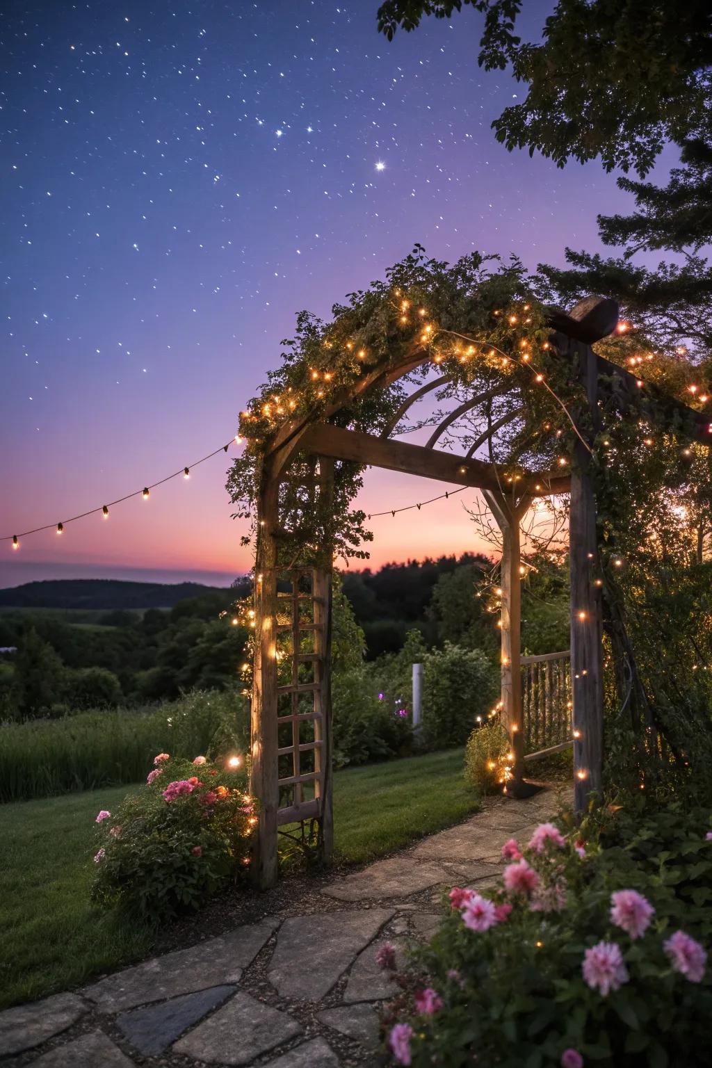 Fairy lights add a magical touch to any garden arbor.