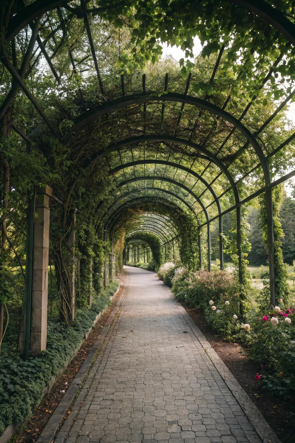 A garden pathway enhanced by ivy-covered arch trellises.
