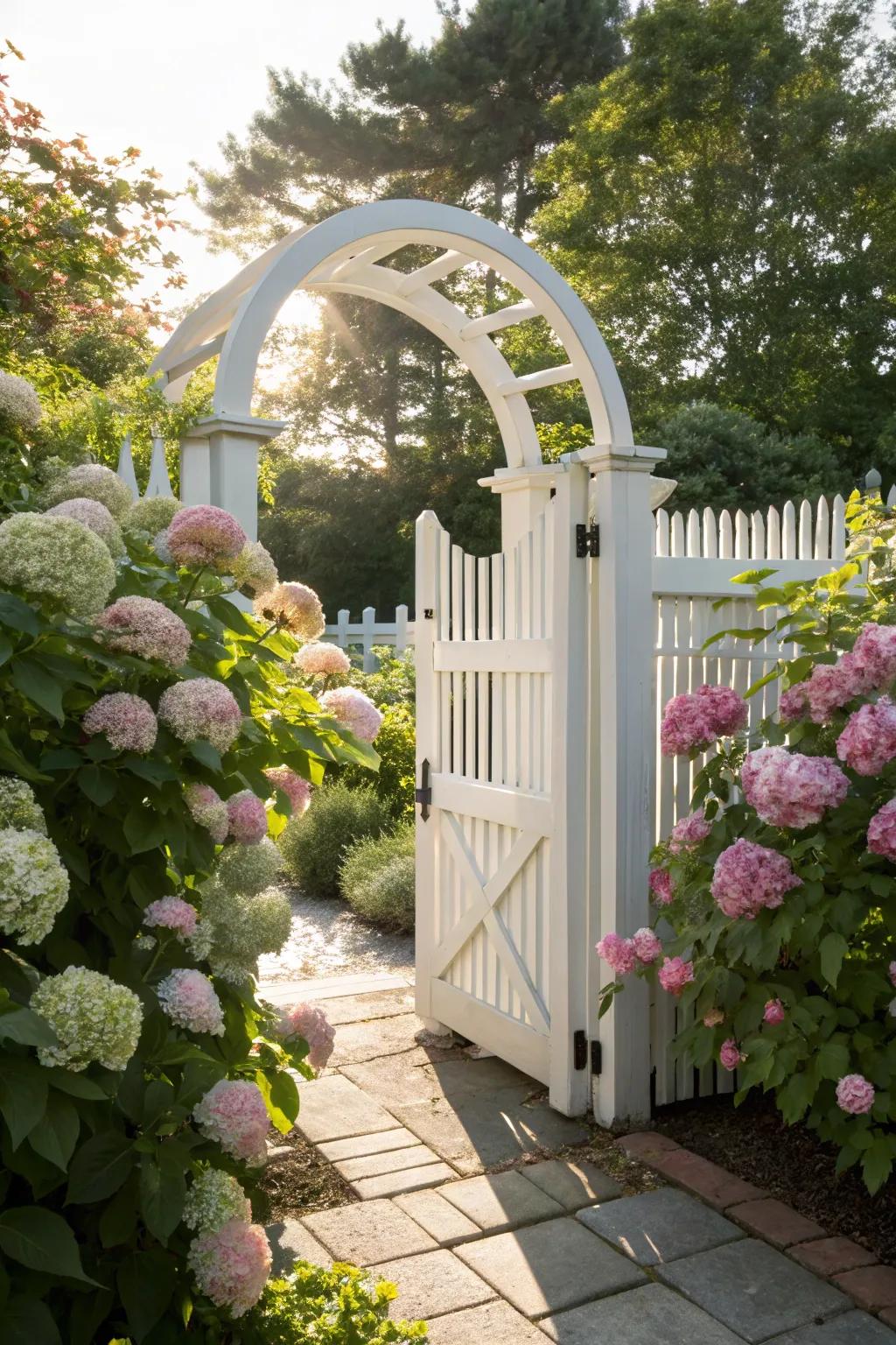A classic white picket arched gate surrounded by blooming hydrangeas.