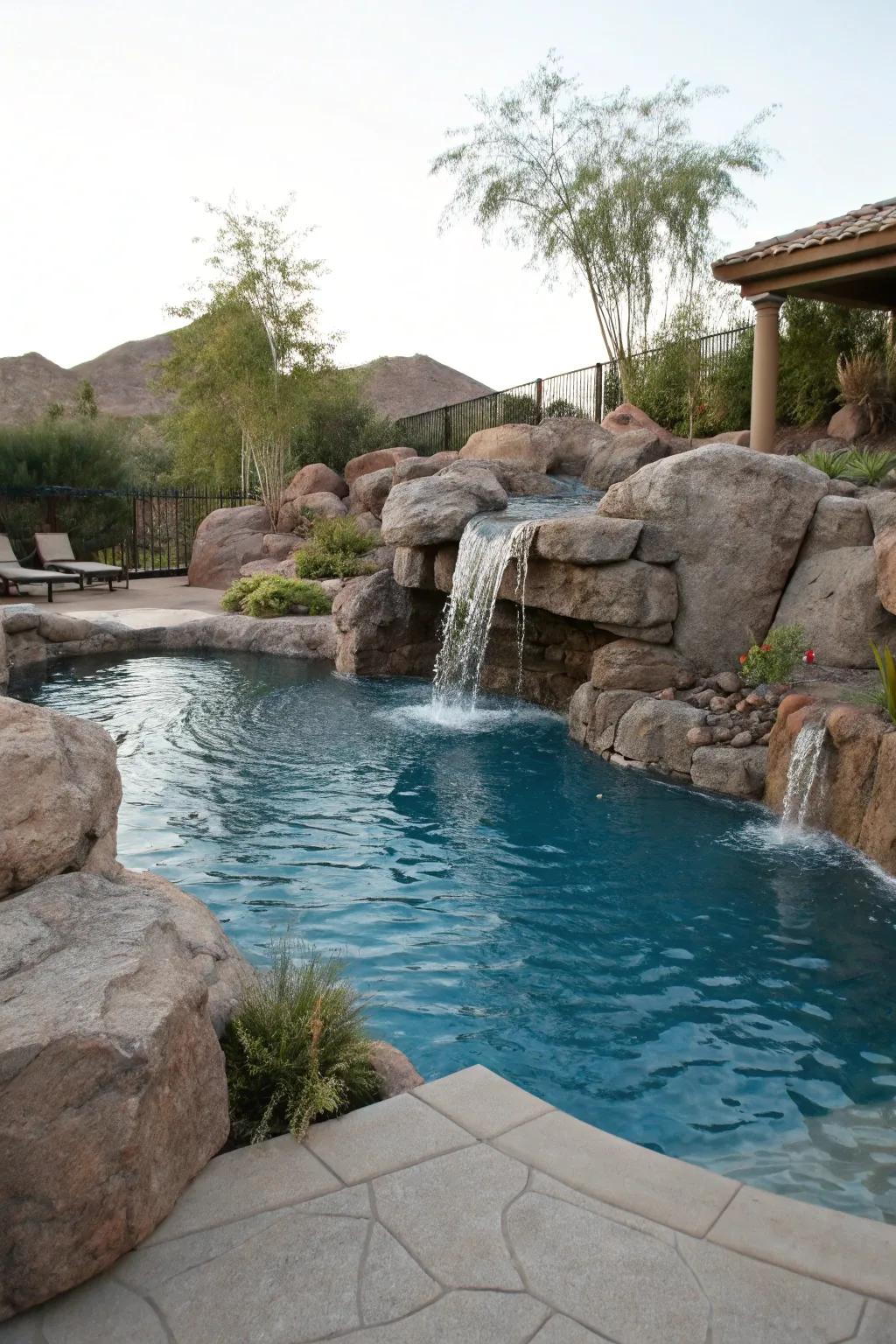 A waterfall feature creates a relaxing ambiance in a backyard pool.