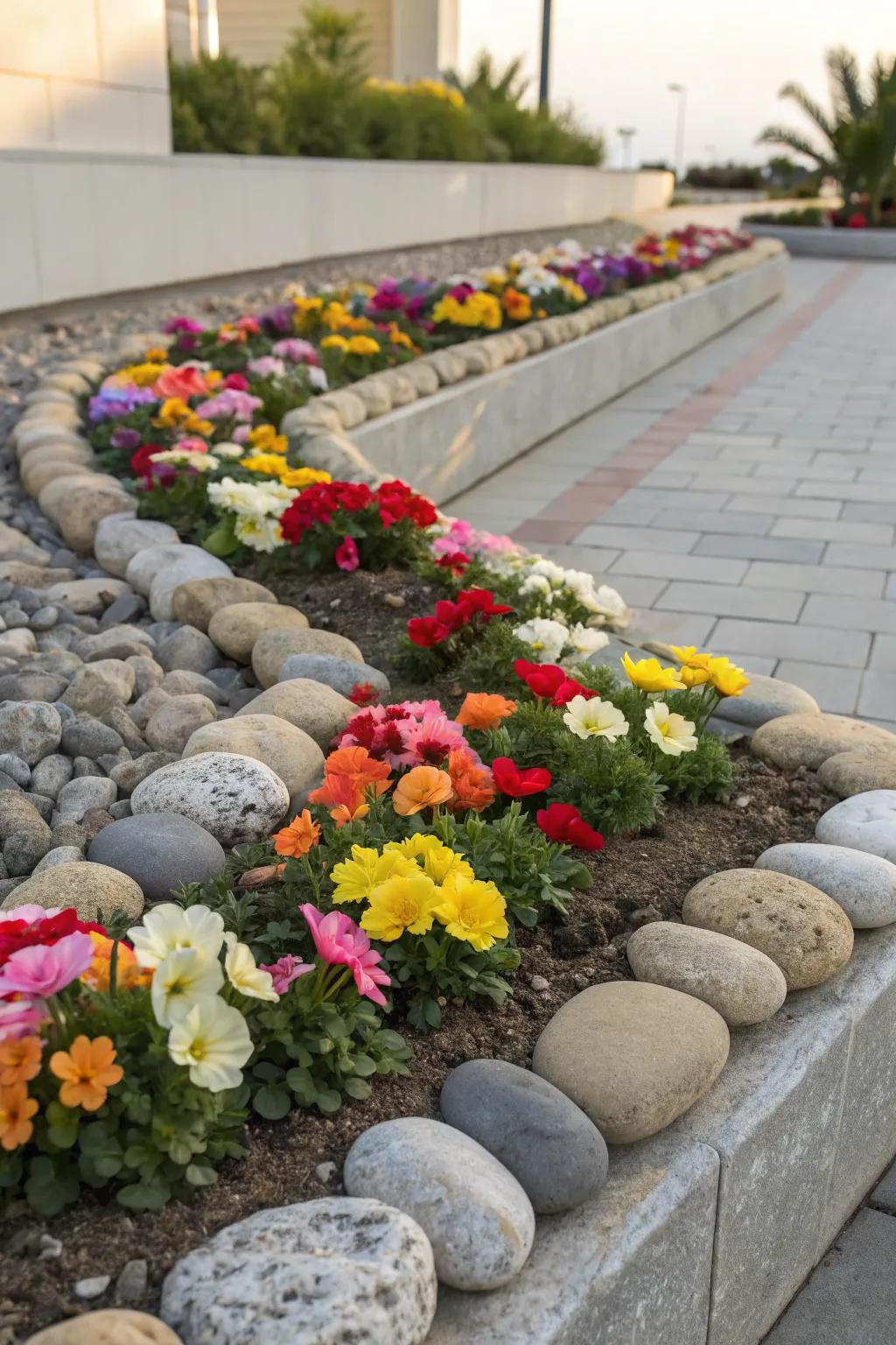 Stone borders providing a clean and elegant frame for the flower bed.