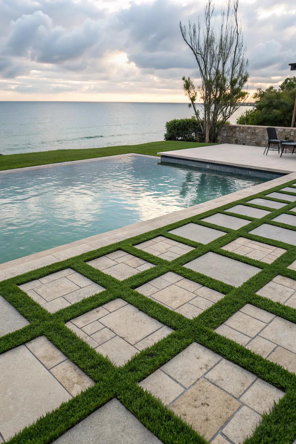 Interplay of pavers and grass offers a stylish and practical poolside solution.