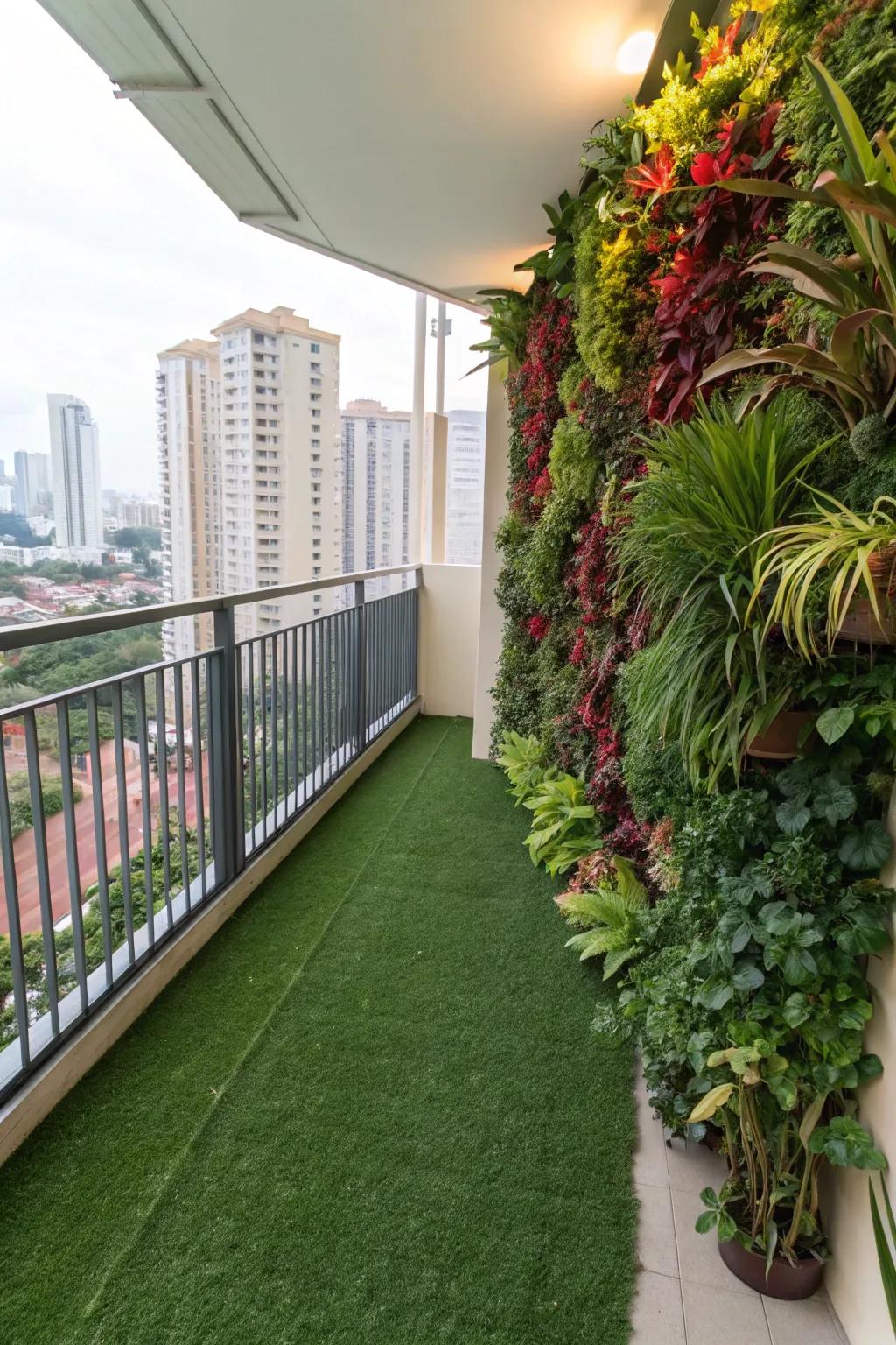 Combine vertical gardens with artificial grass for an urban jungle feel.