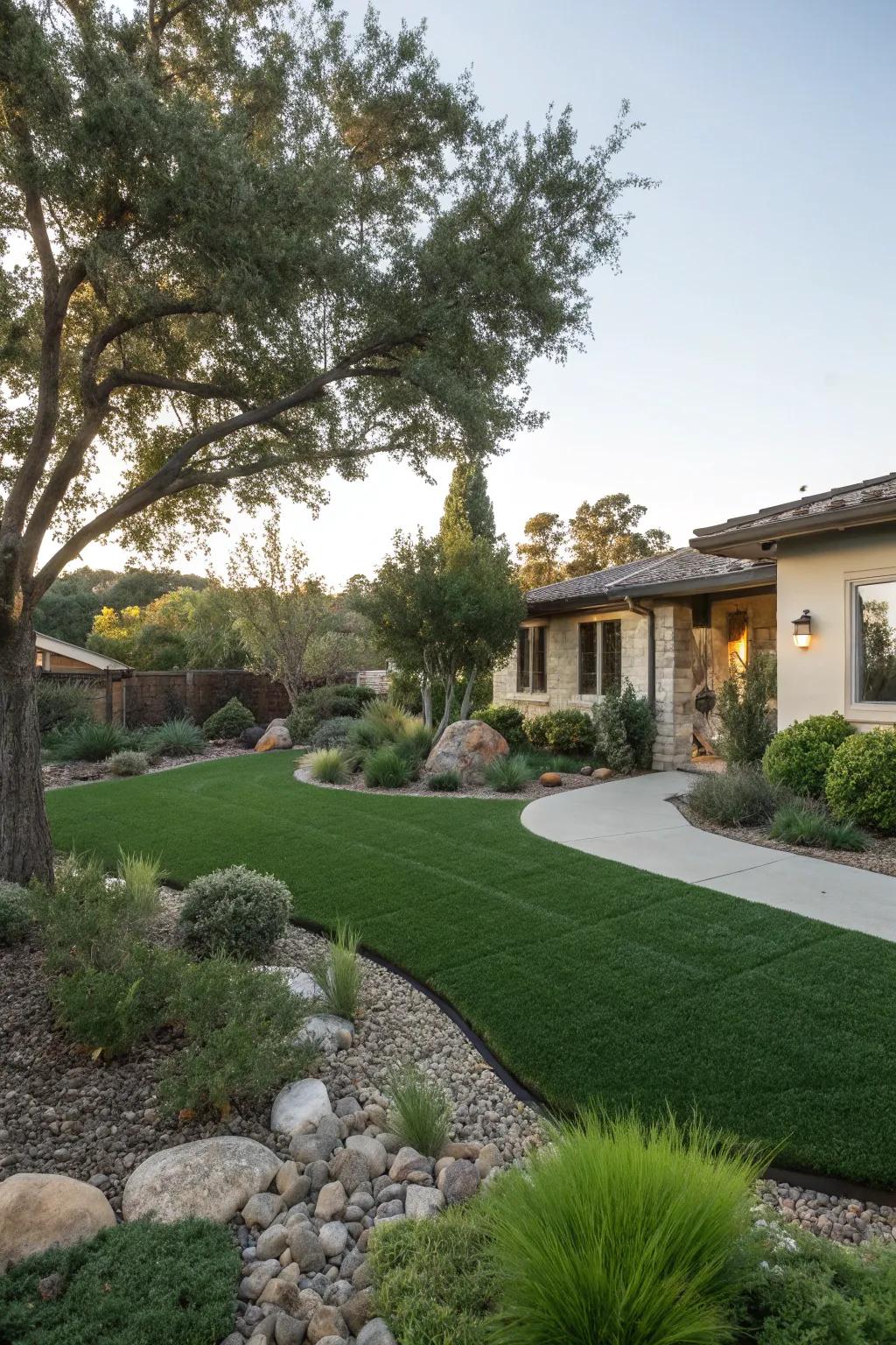 Complement your artificial grass with natural landscaping elements for a harmonious look.