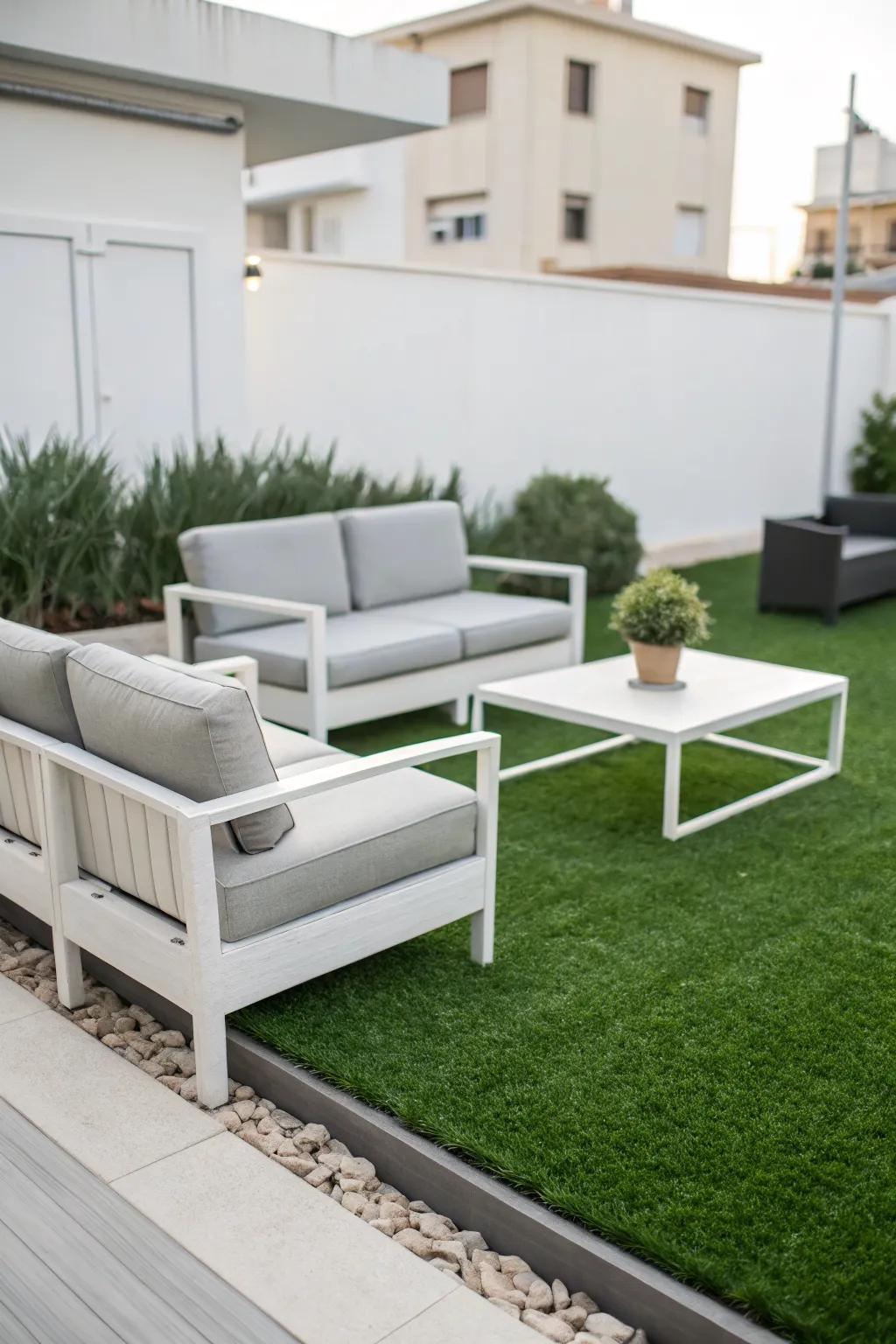 Achieve a modern minimalist look with artificial grass and sleek furniture.