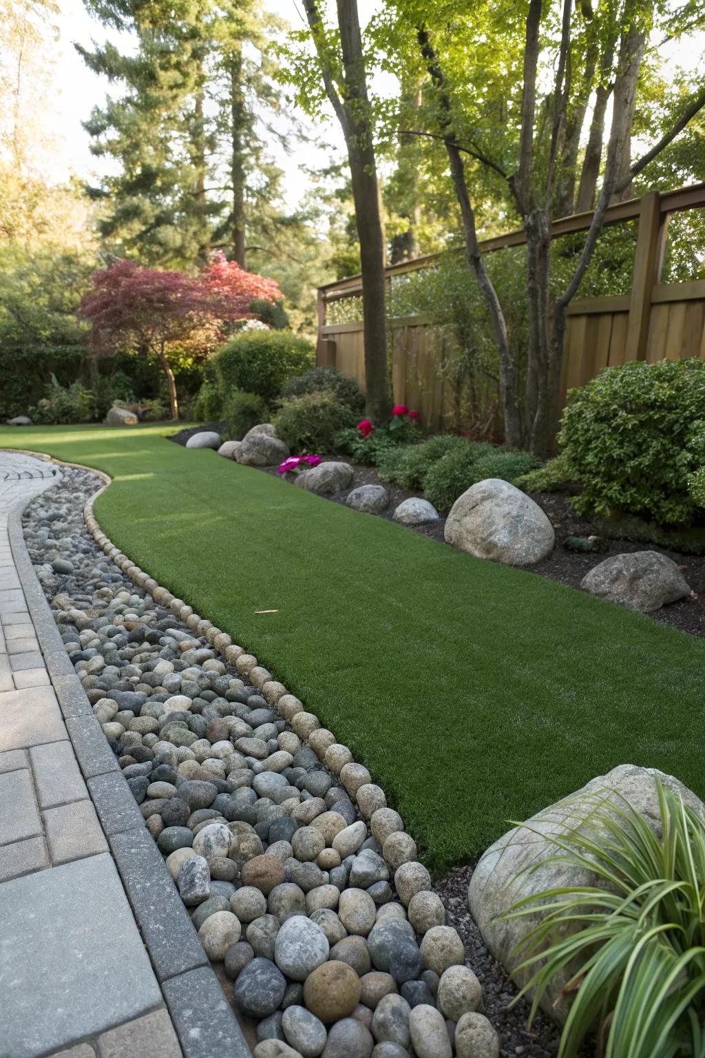 Peaceful garden scene with artificial turf surrounded by natural river rocks.