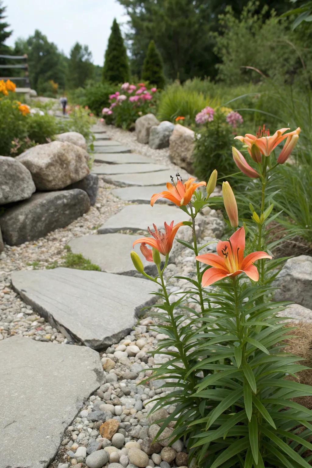 Asiatic lilies adding color to a serene rock garden setting.