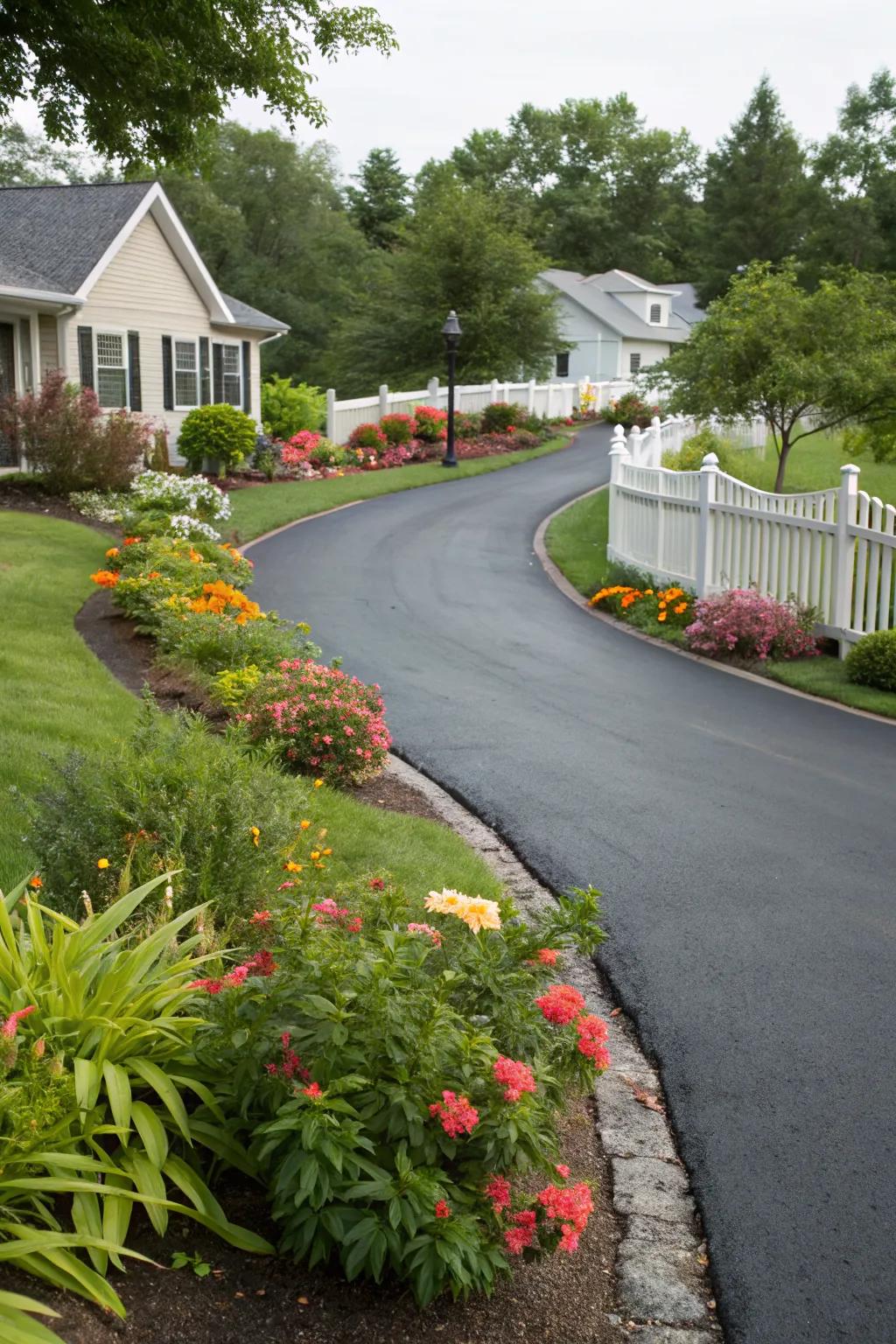 A curved asphalt driveway lined with vibrant greenery, enhancing the home’s curb appeal.