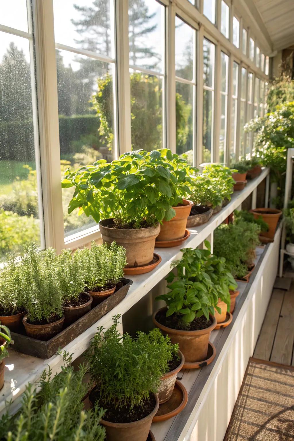 A sunroom transformed into a herbal haven for fresh culinary delights