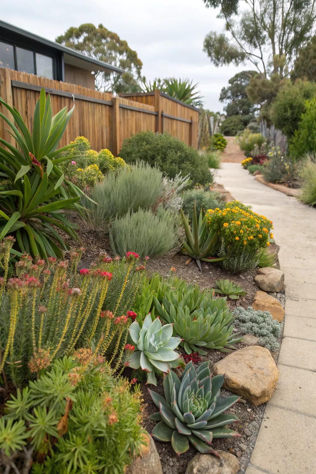 A garden with succulents and native plants, perfect for dry climates.