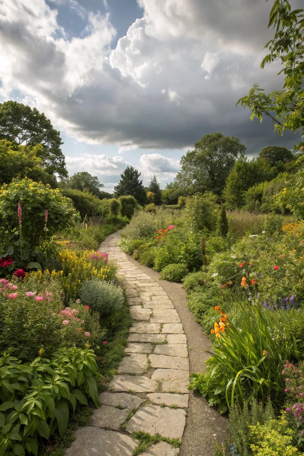 Natural stone pathways meandering through a lush garden.
