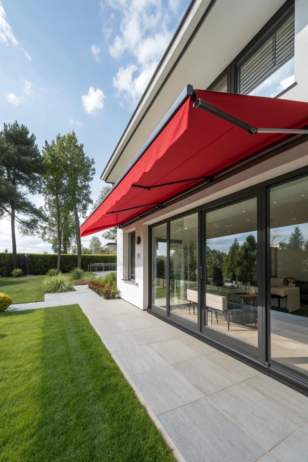 A bold red awning creates a striking focal point.