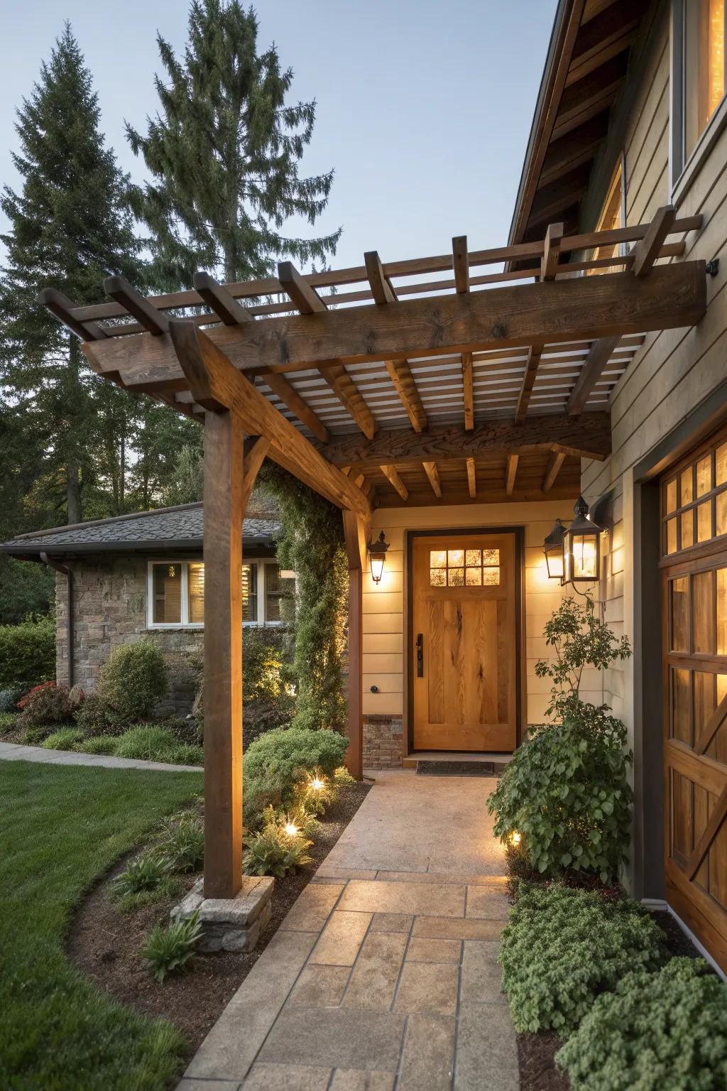 A rustic wood pergola creates a warm and inviting entryway.