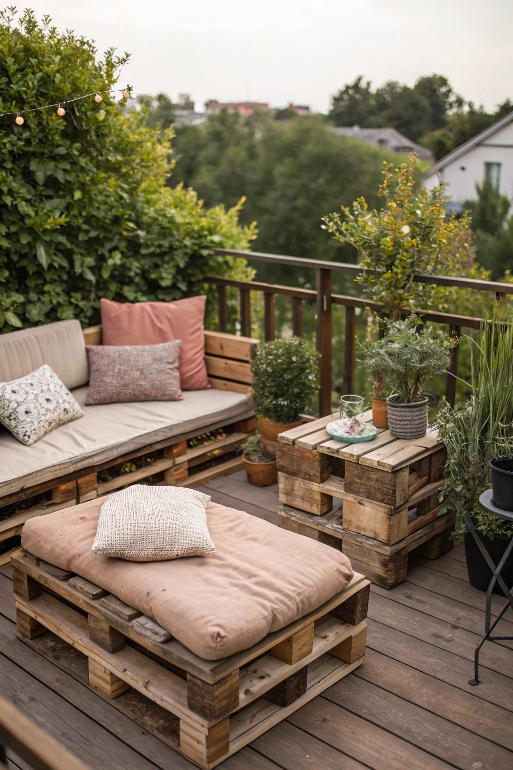 Wood pallets are a versatile, budget-friendly solution for deck decor.