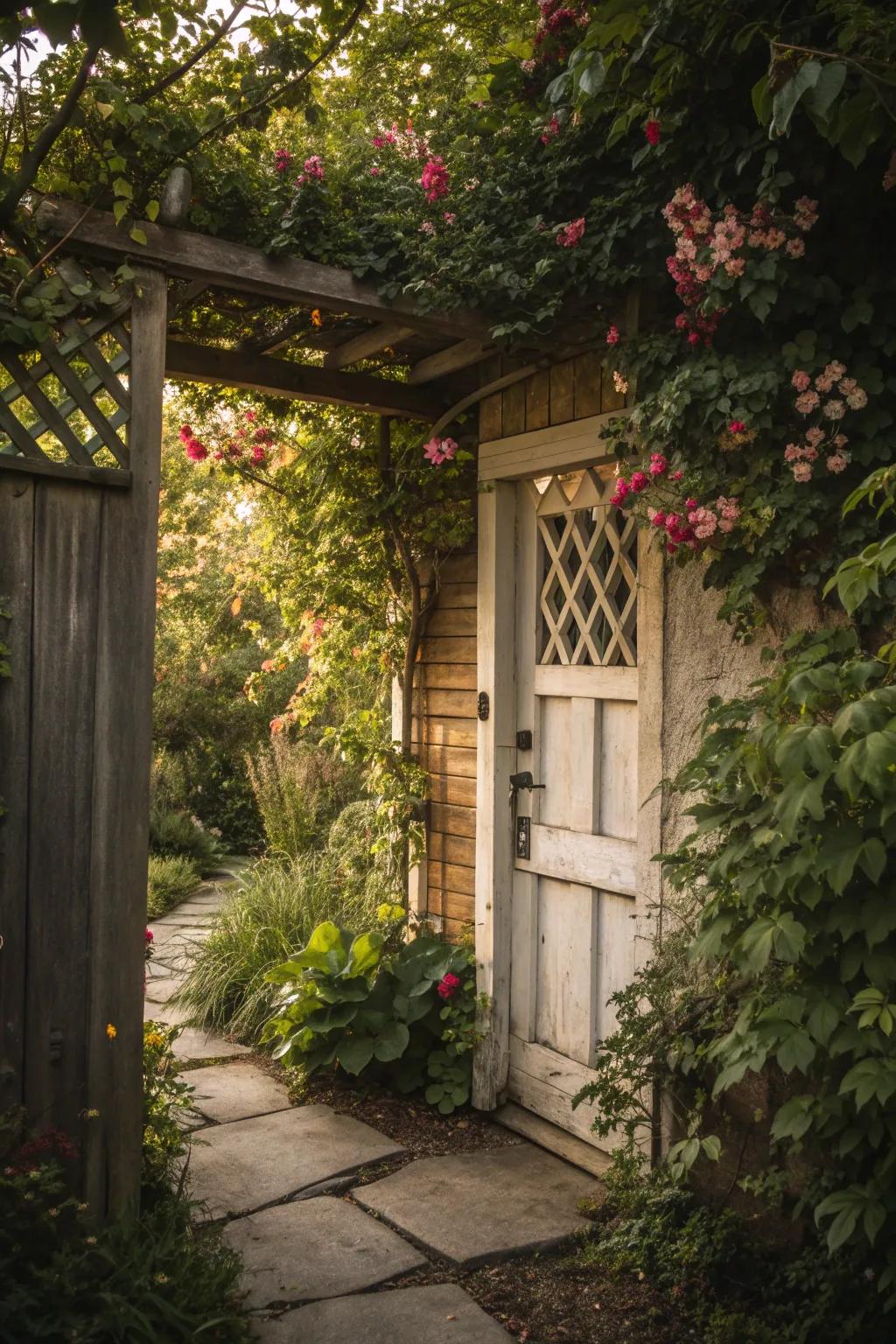A rustic trellis adds natural charm to your back door.