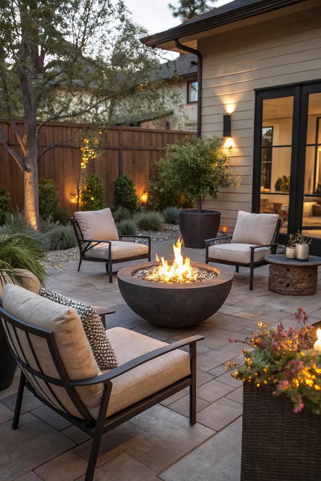 A modern fire bowl adds warmth and ambiance to this patio setting.