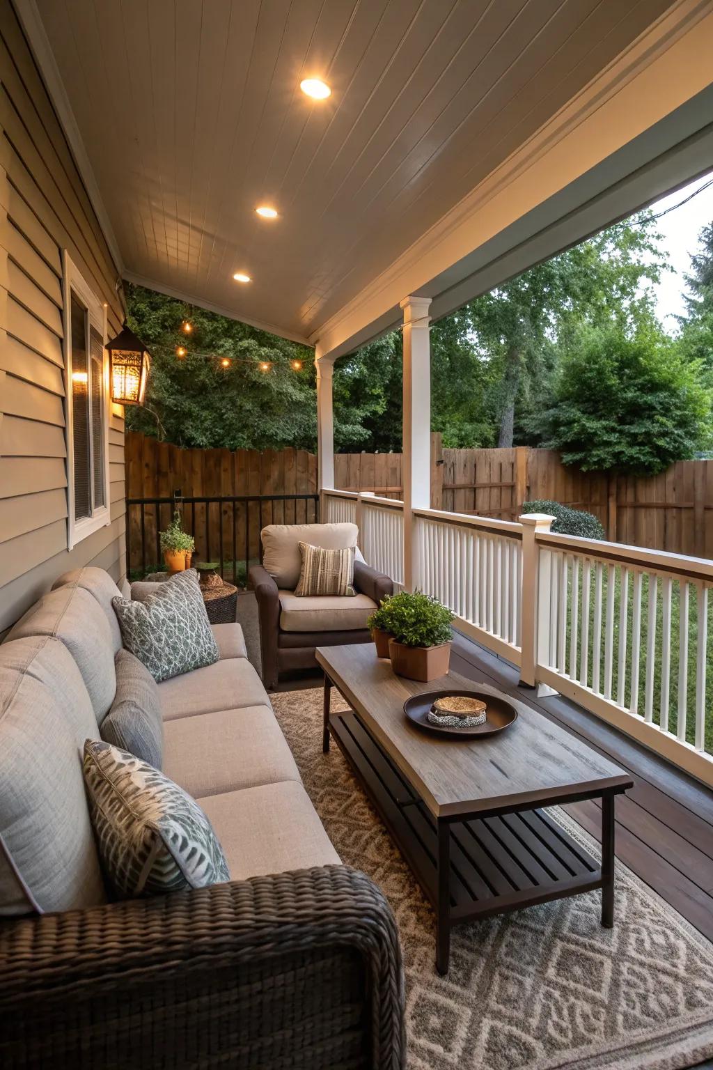 A cozy seating area on a back porch with plush sofas and a rustic coffee table.