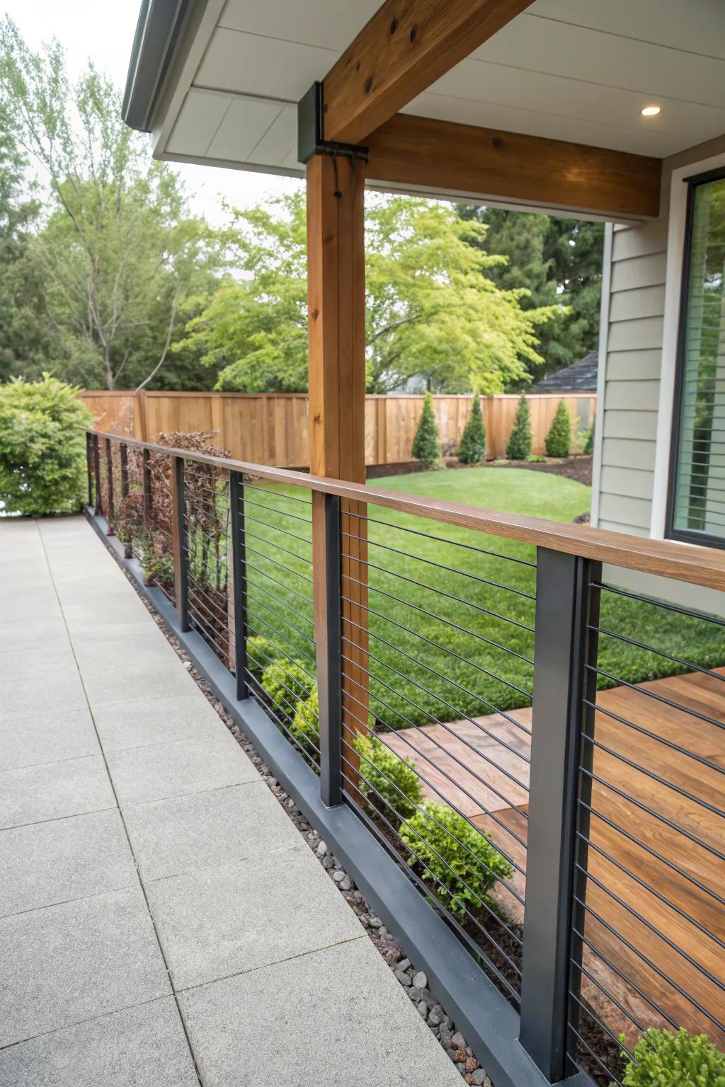 Metal and wood combinations provide a sleek and modern porch design.