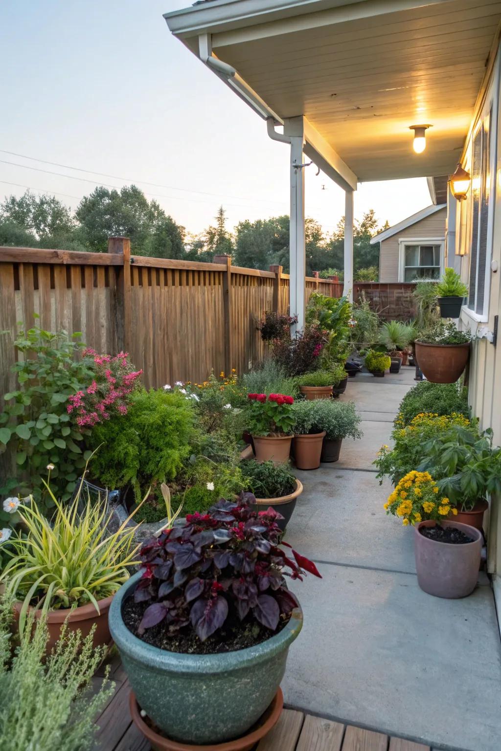 A variety of potted plants adds lush greenery to your back porch.
