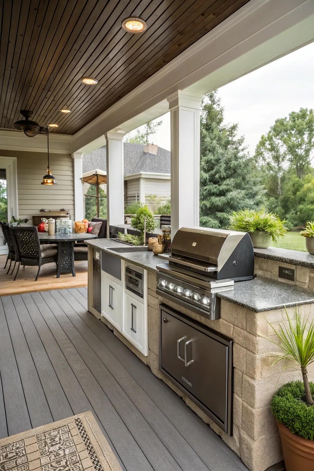 A built-in grill adds elegance and functionality to your outdoor kitchen.