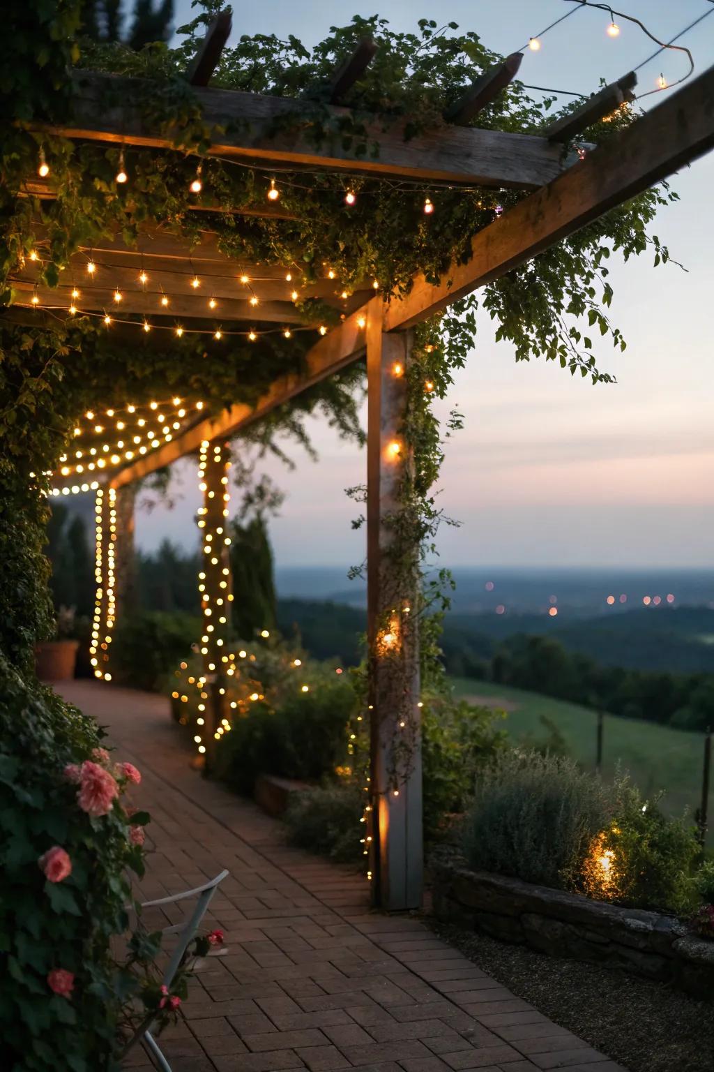 An enchanting pergola illuminated with string lights.