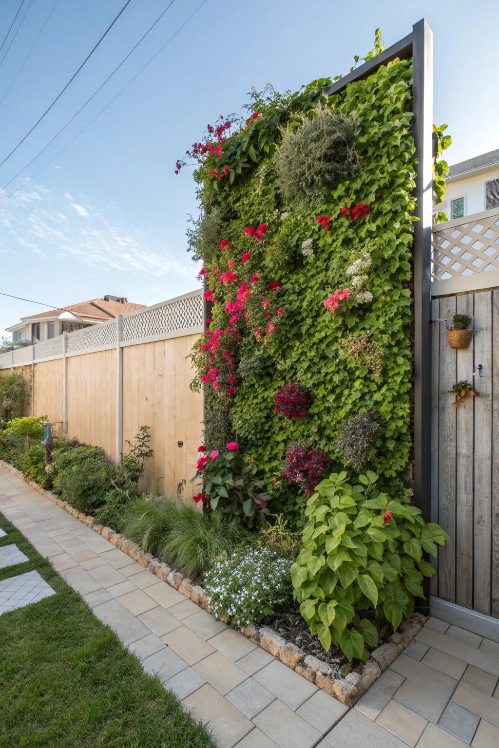 A vertical garden wall adds greenery and color to a small backyard corner.