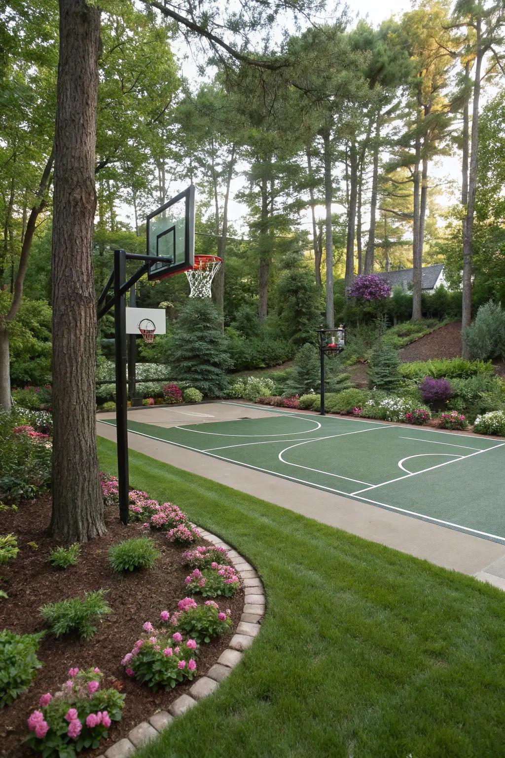 A basketball court that harmoniously blends with the surrounding greenery.