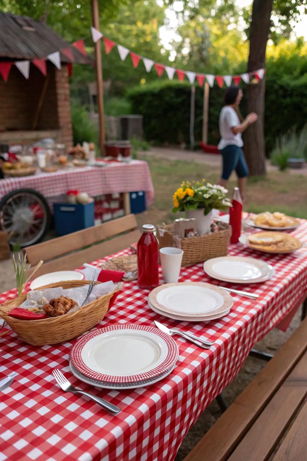 Classic checkered tablecloths set the stage for a traditional BBQ.