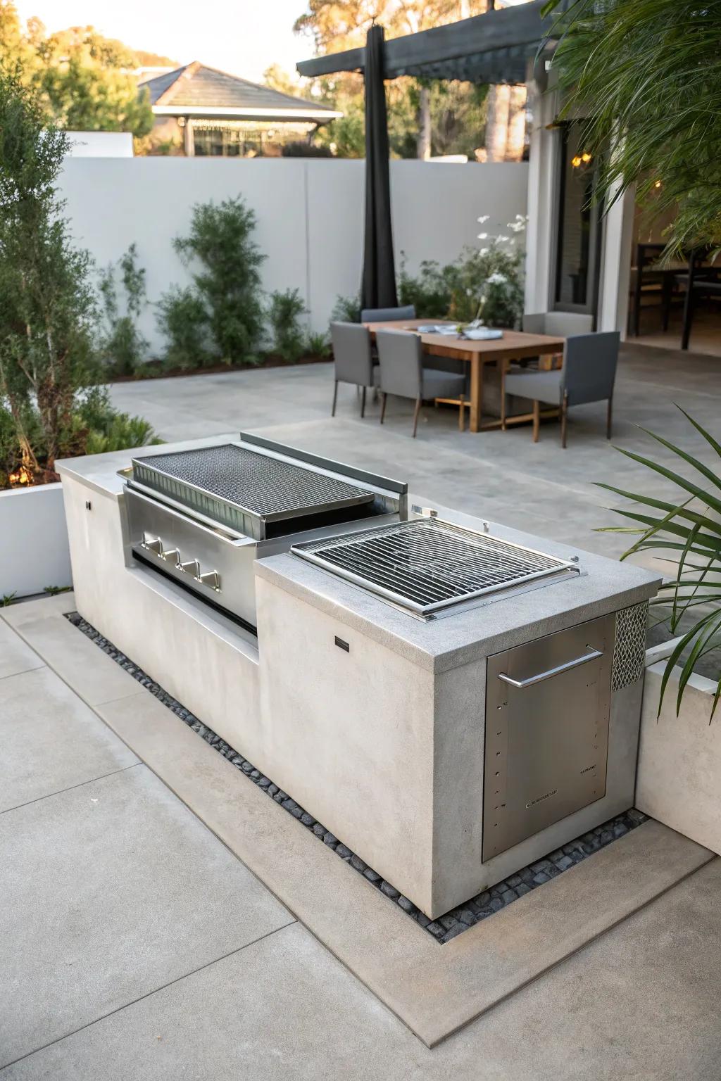 A modern steel BBQ pit perfect for stylish outdoor gatherings.
