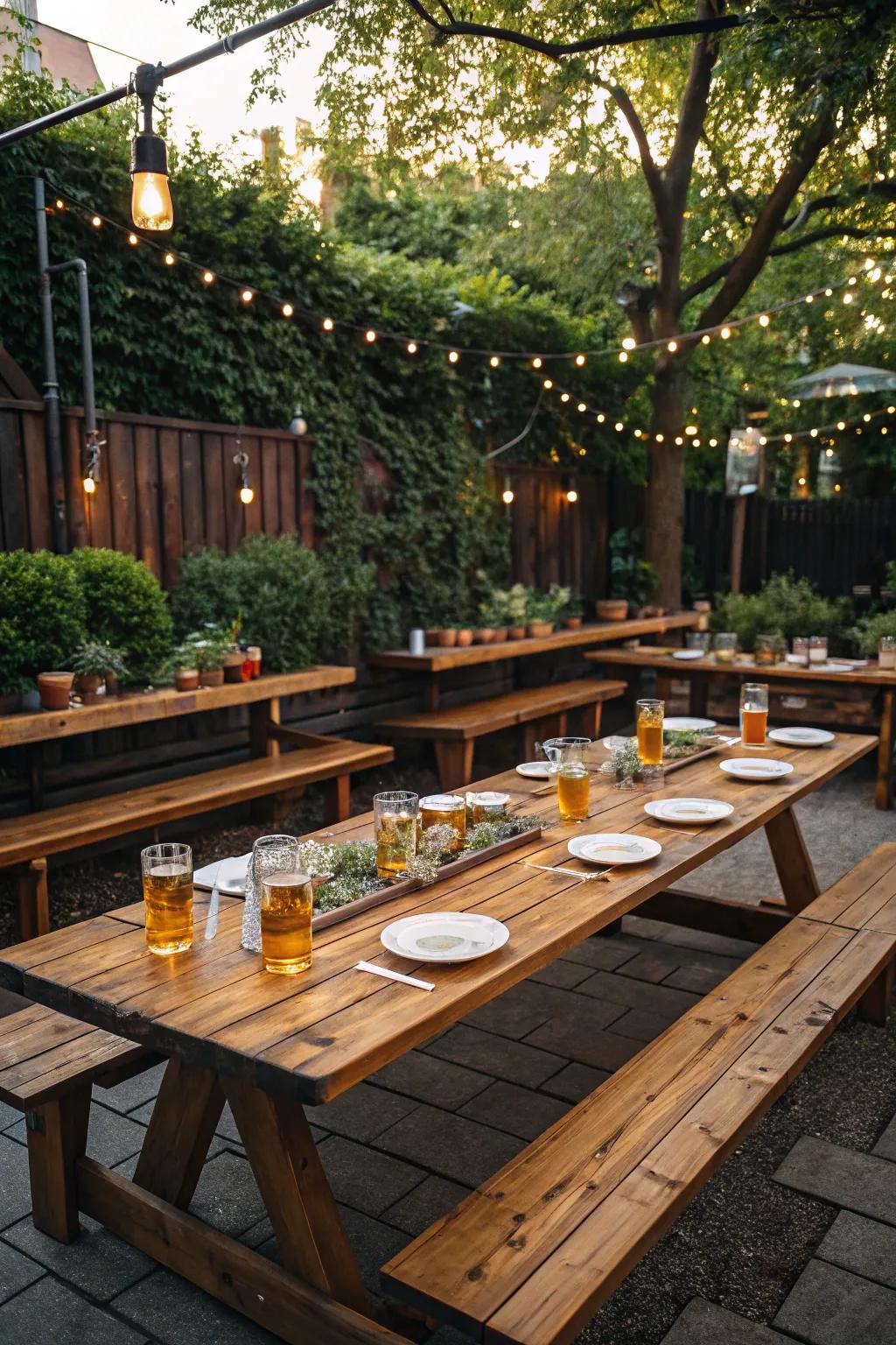 Rustic tables provide the perfect setting for communal dining.