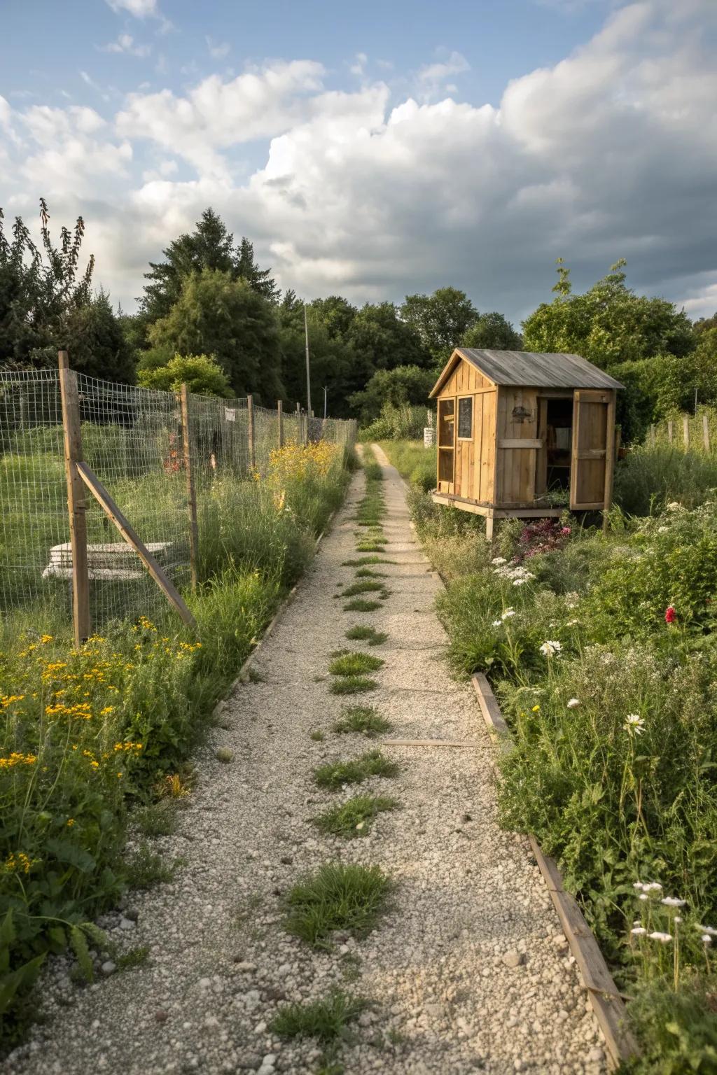 A rustic gravel pathway provides access and style to the coop area.