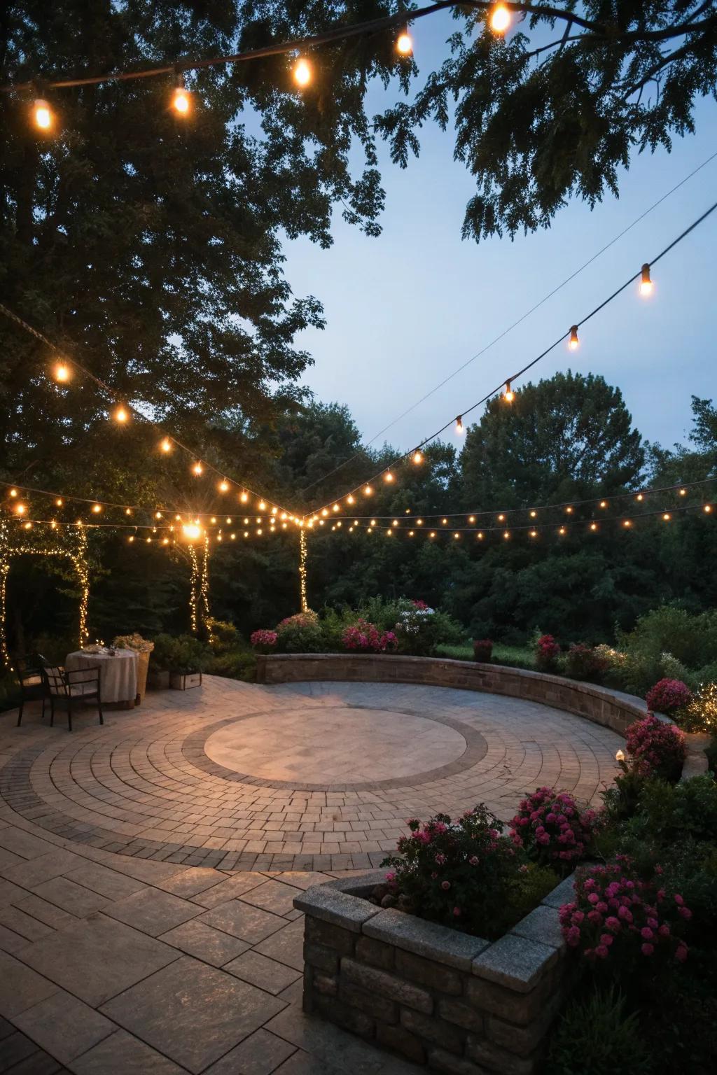 Enchanting string lights casting a warm glow over a circular patio.