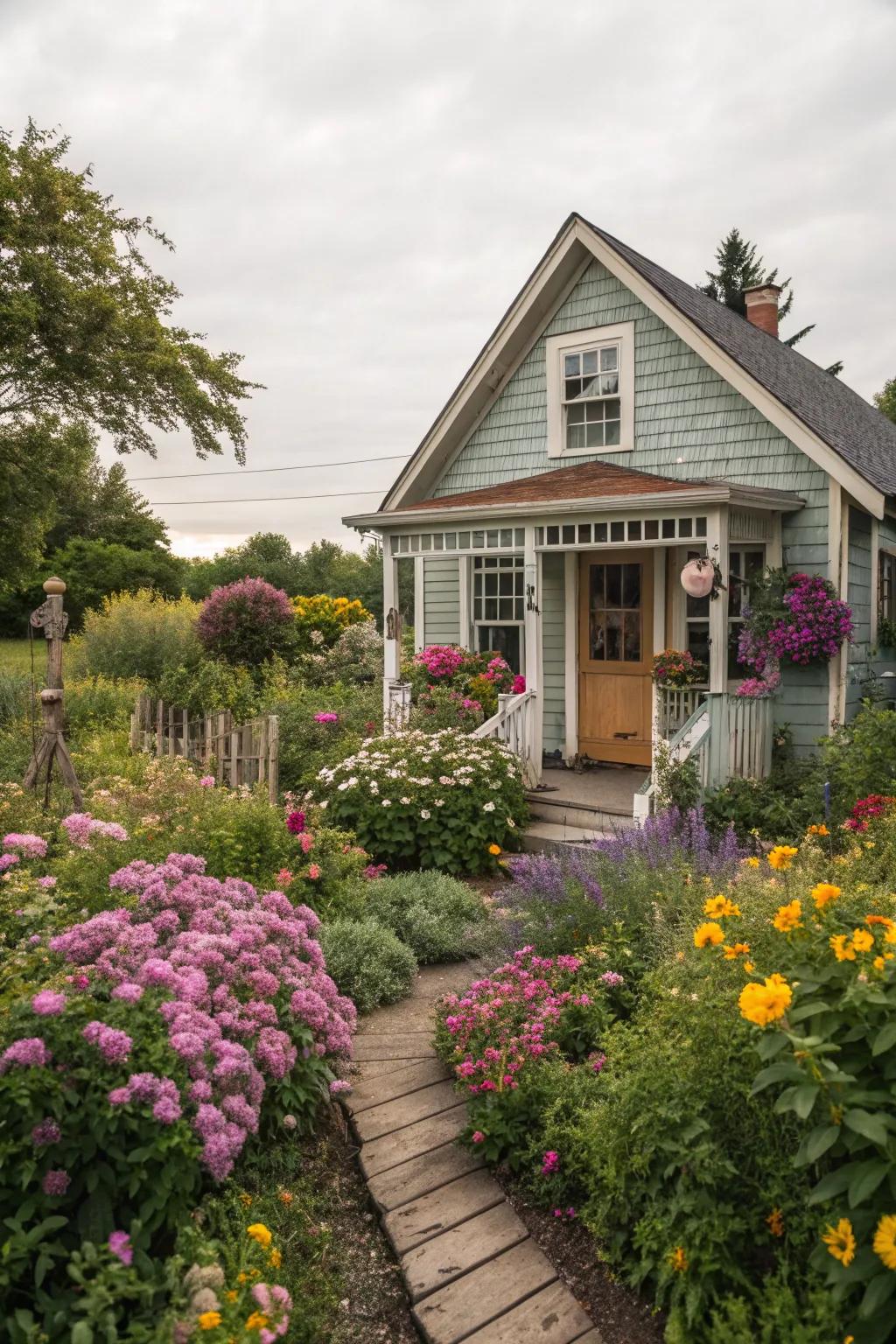Lush garden beds brimming with colorful flowers around a backyard cottage.