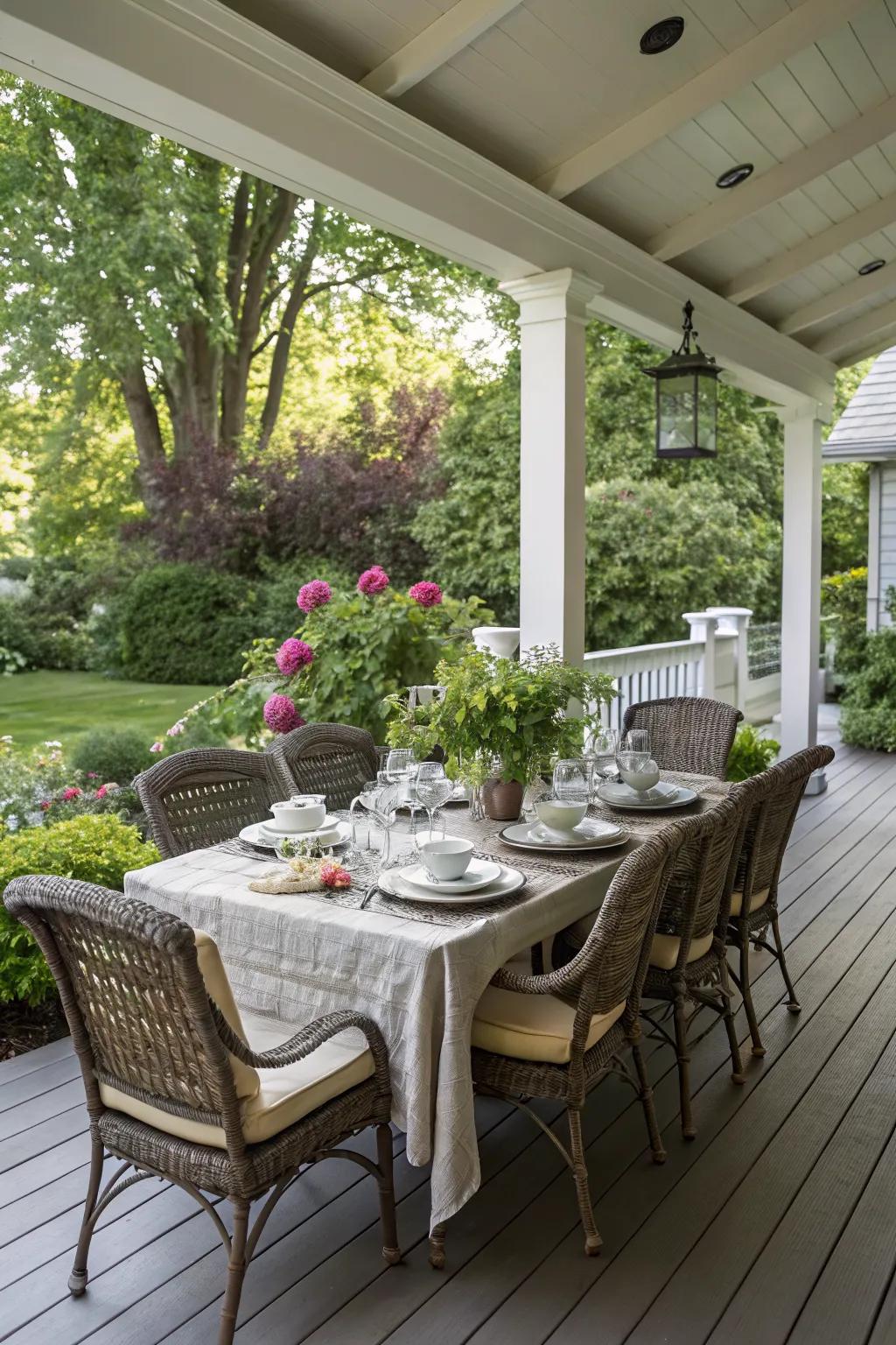 An inviting outdoor dining area on a covered porch.