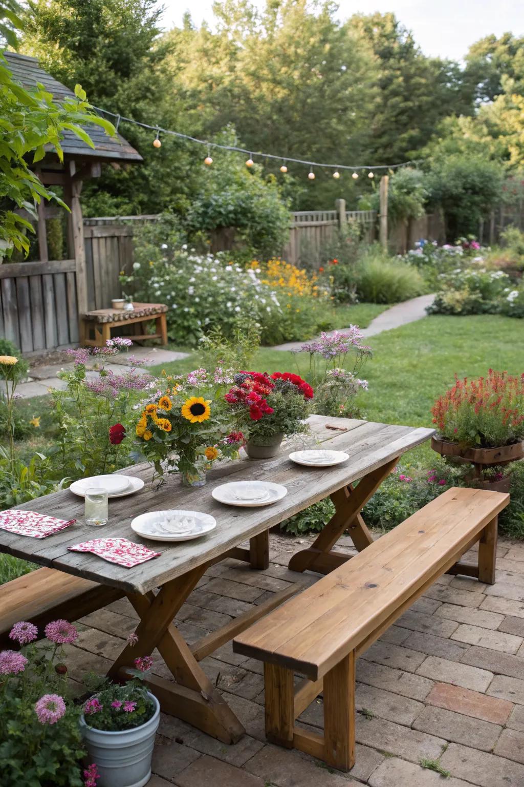 A farmhouse table exudes warmth and is perfect for hosting larger gatherings.