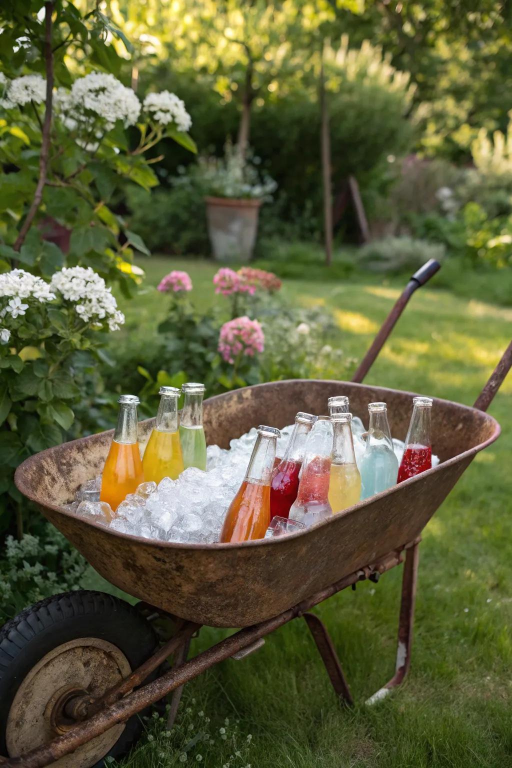 A creative wheelbarrow cooler perfect for keeping drinks chilled.
