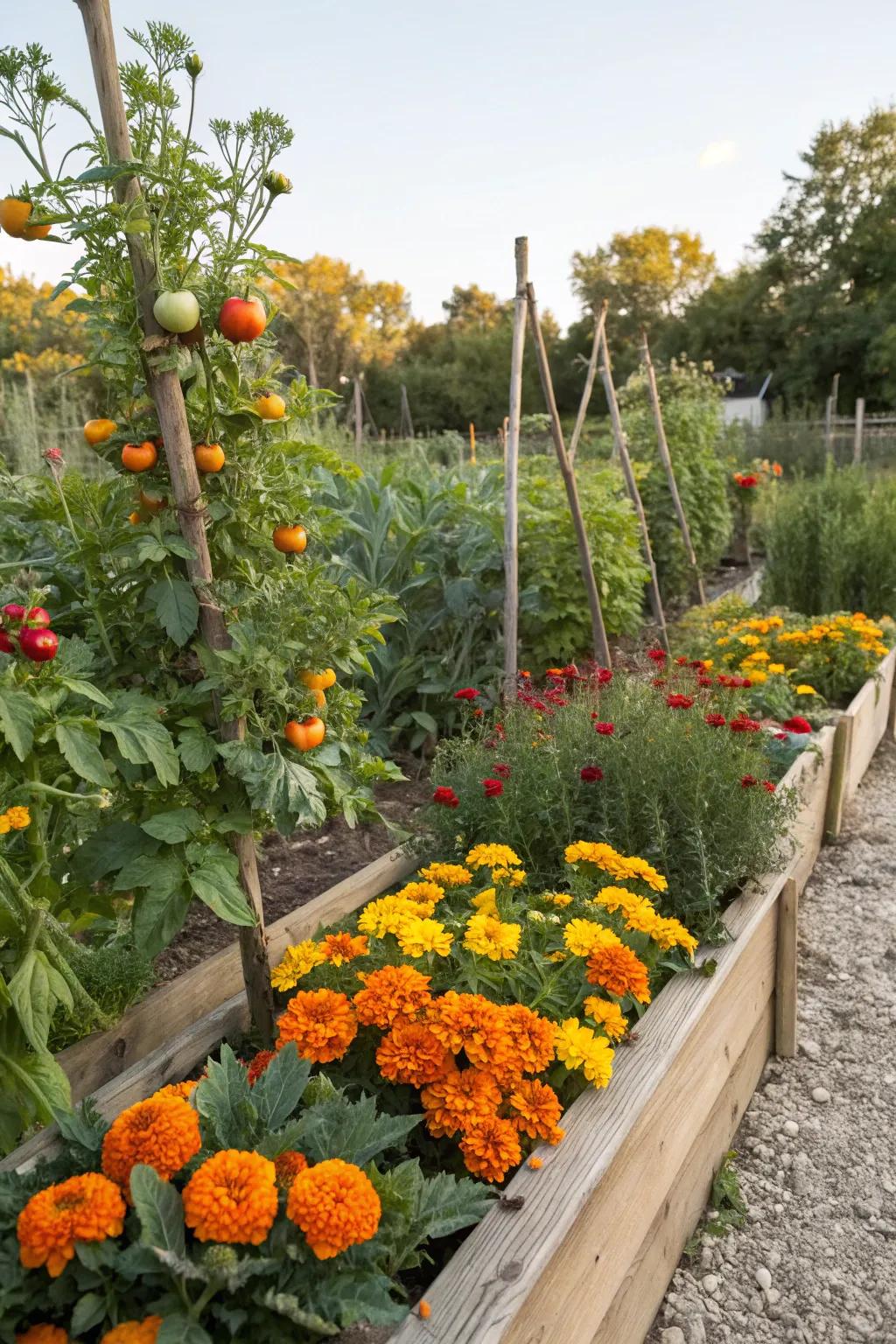 Mixing flowers with vegetables adds color and helps with pest control.
