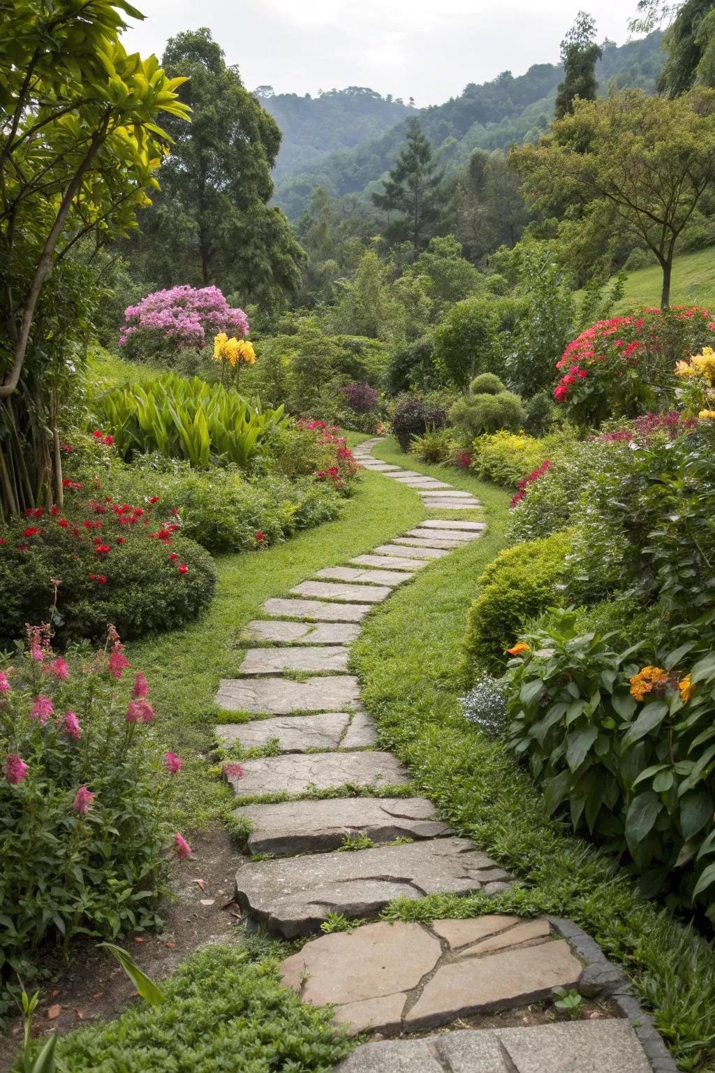 A winding stone pathway with stepping stones through a vibrant garden.