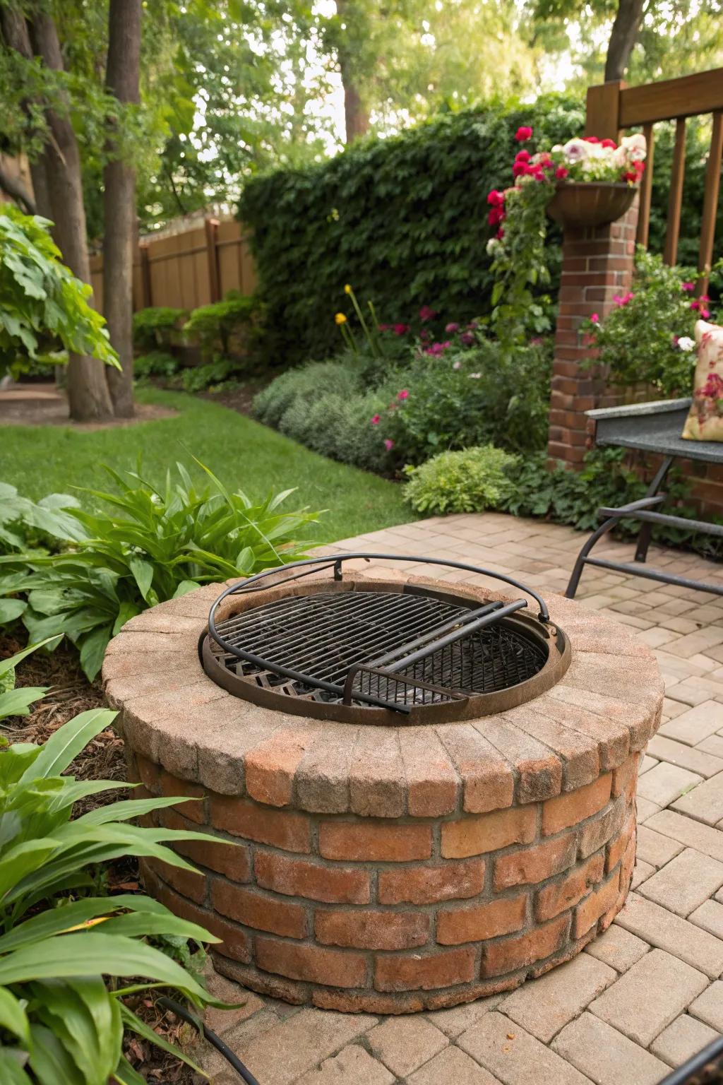 A circular brick fire pit with a grill grate combines rustic charm with functionality.