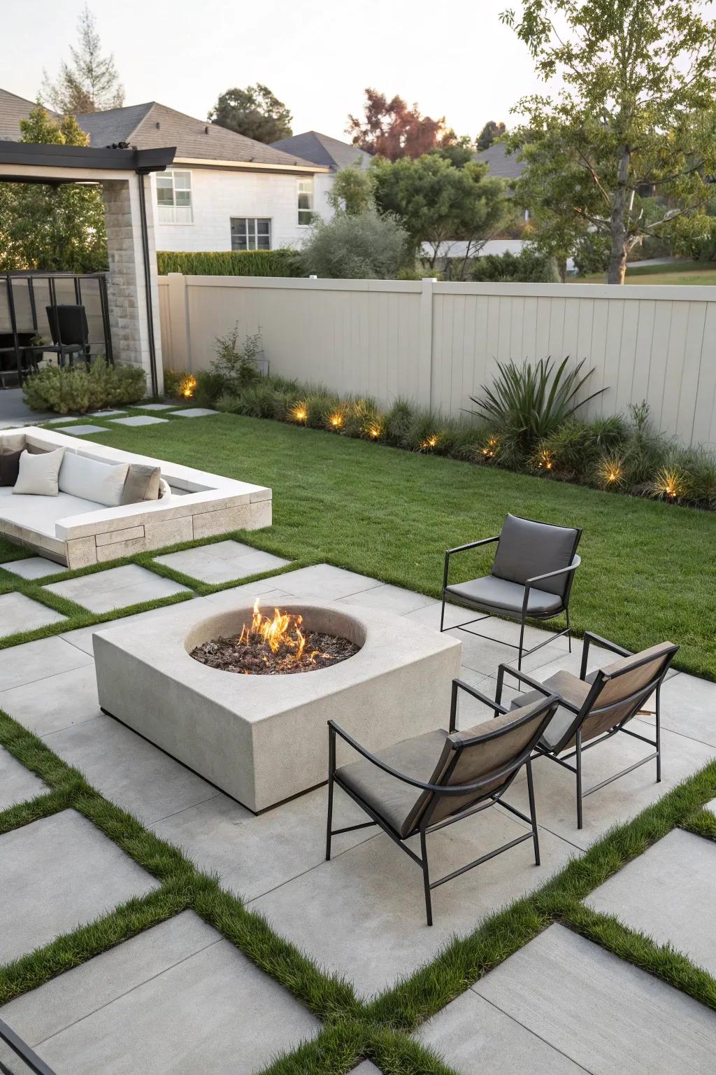 A modern concrete fire pit adds a touch of elegance to your outdoor space.