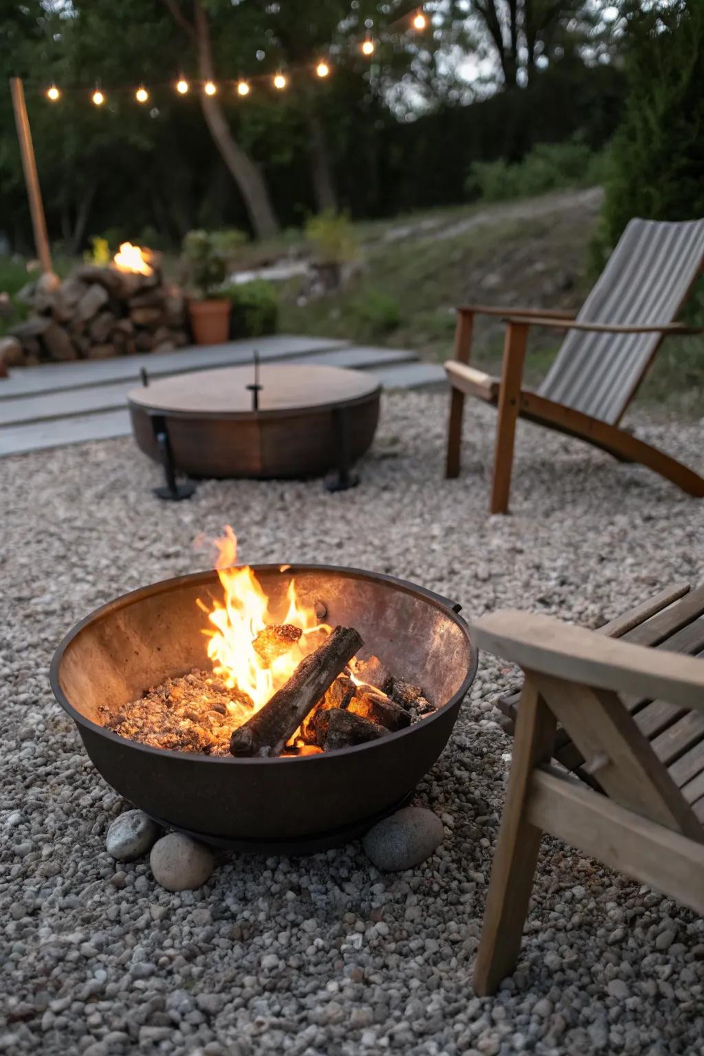 A portable fire bowl offers flexibility for changing layouts.