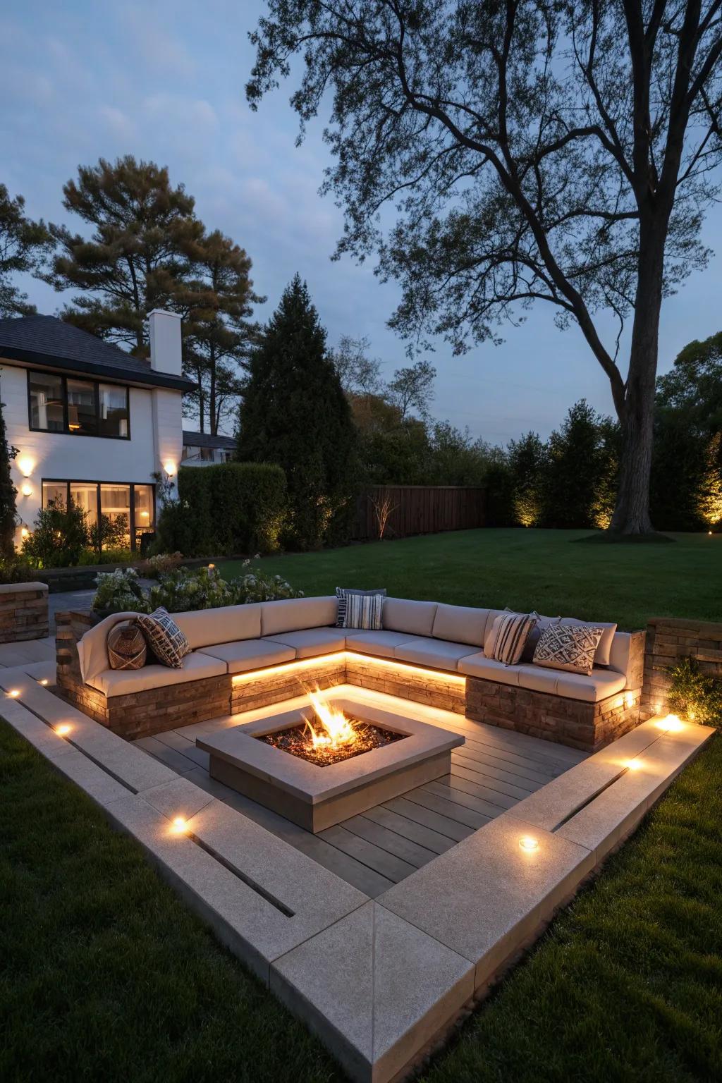 Hidden lighting under seating adds sophistication and functionality.
