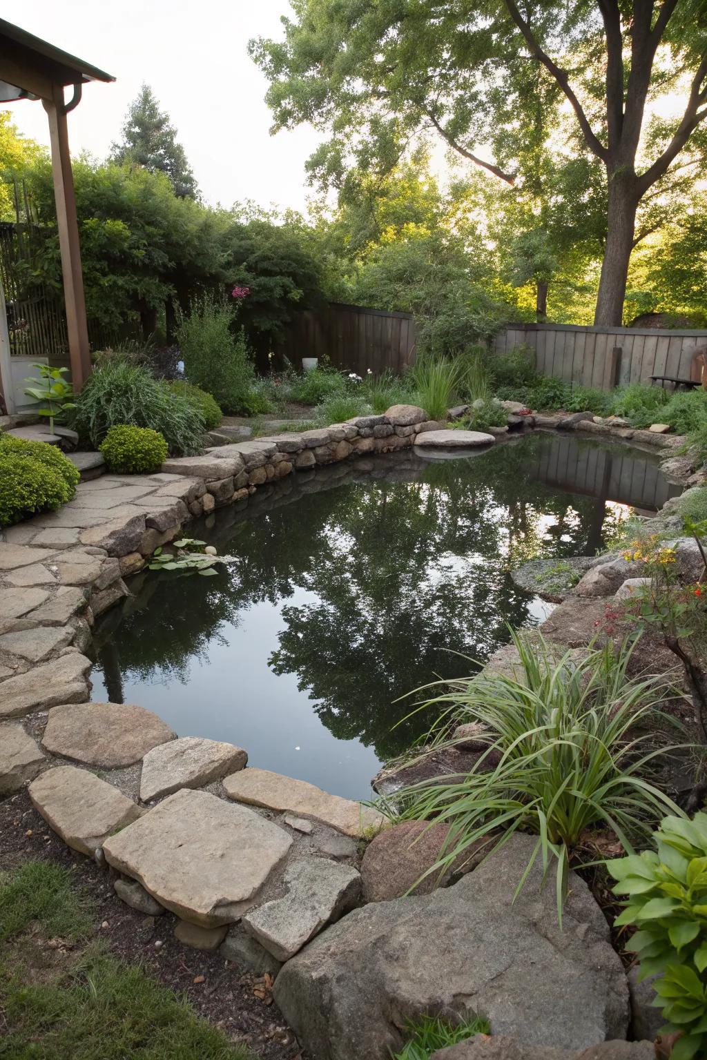 Natural stone borders add rustic charm to ponds.