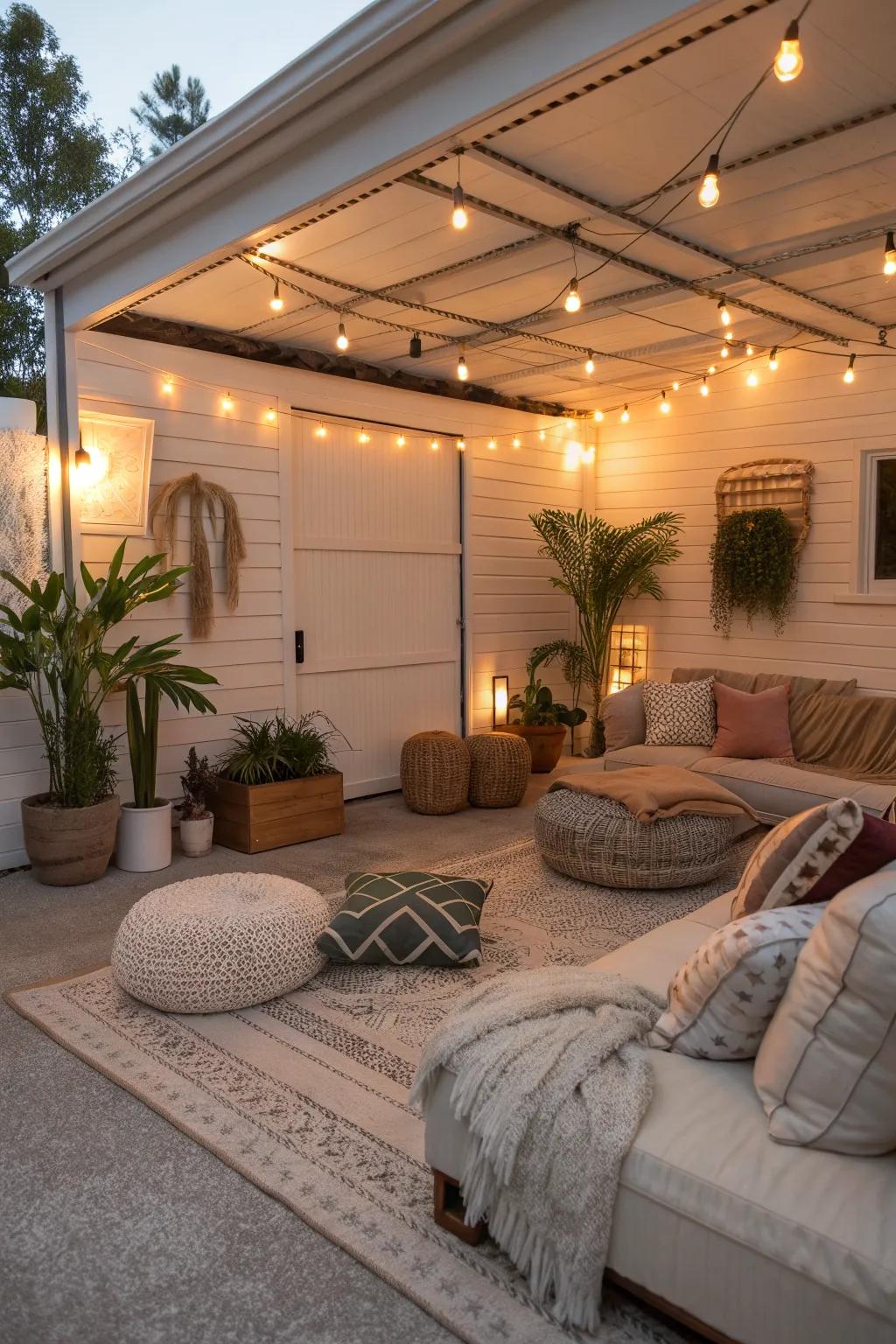 A backyard garage reinvented as a serene retreat space.