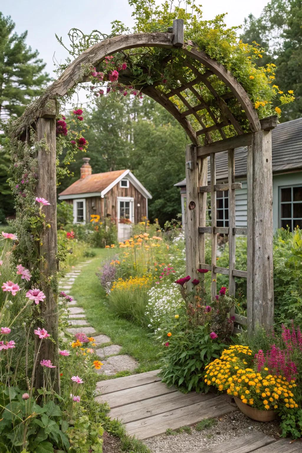 A wooden arch adds rustic charm to any garden.